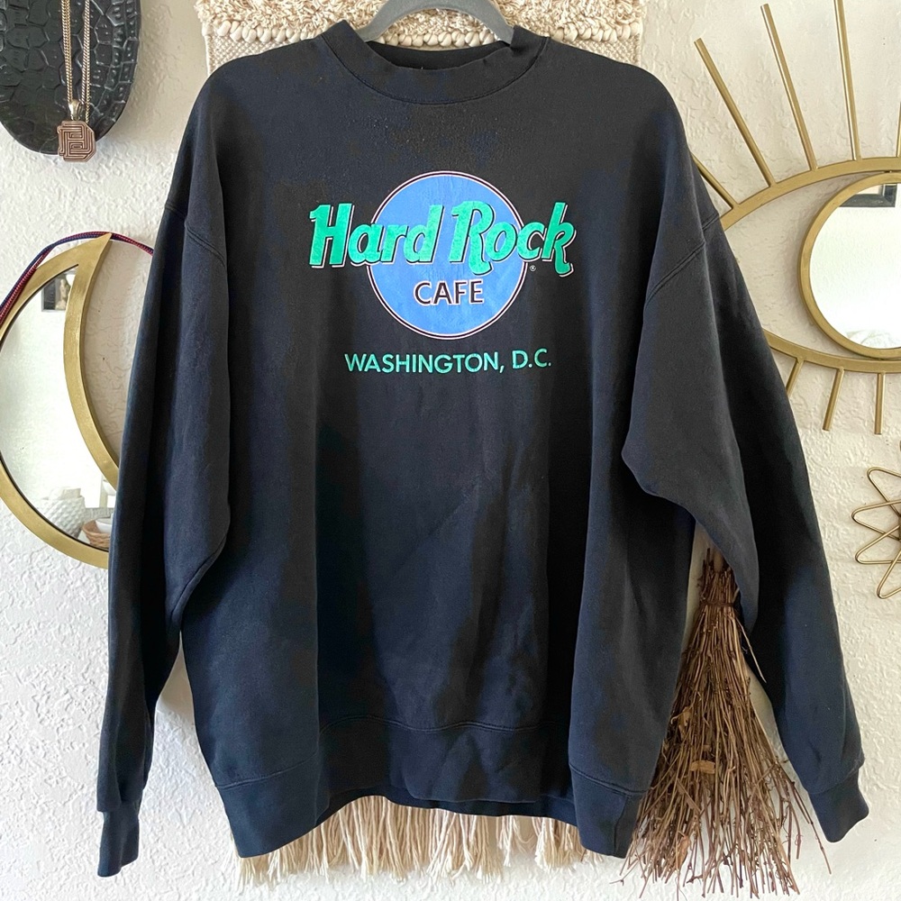 Vintage 90s Hard Rock Cafe Washington Crewneck Sweatshirt Adult XL Black Mens
